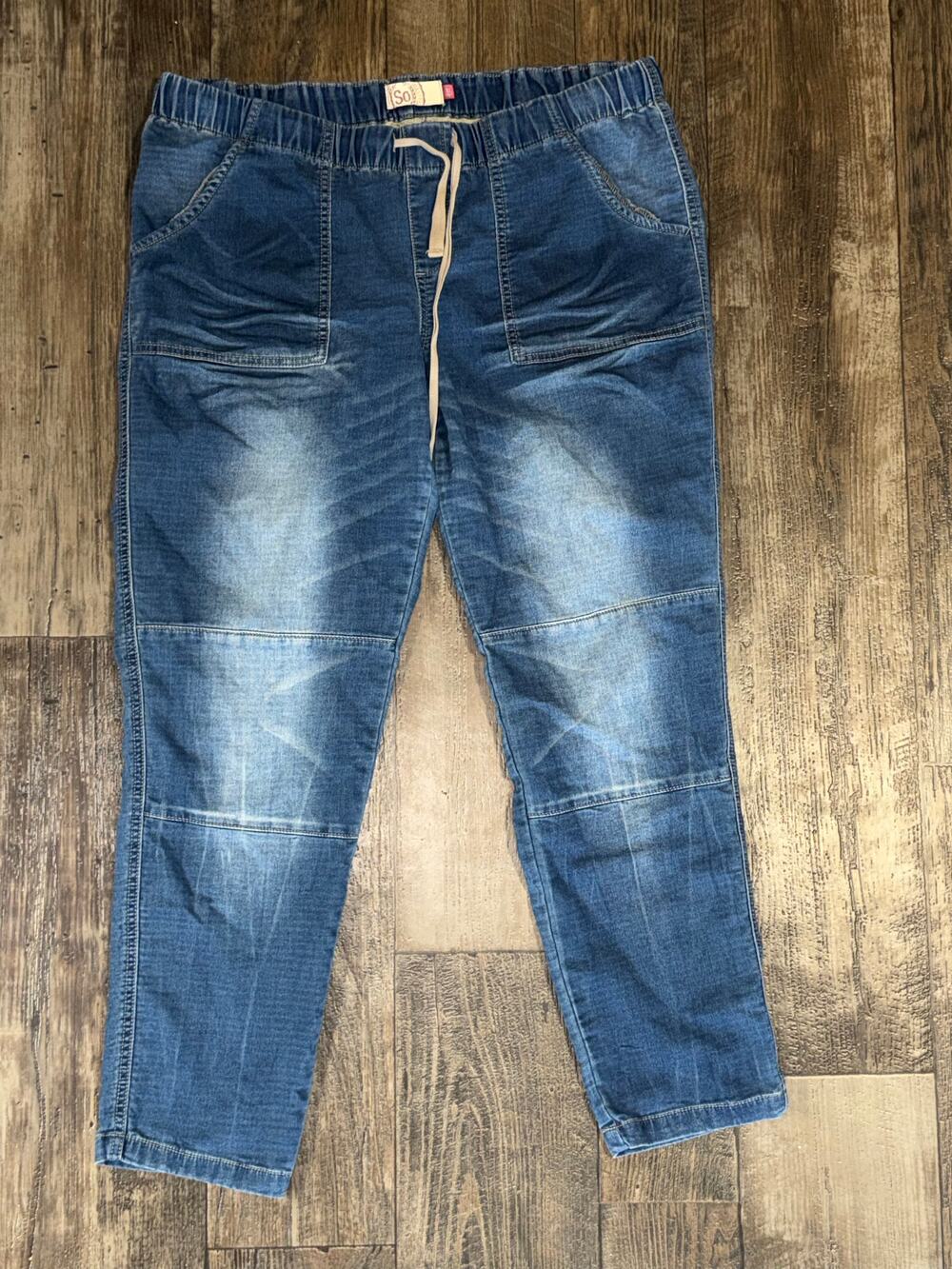 So Blue Denim Jogger Pants Elastic Waist Drawstring Front Patch Pockets